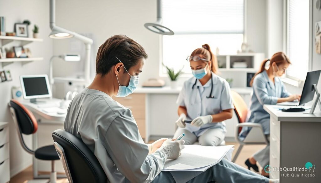 A detailed scene showcasing the advantages and disadvantages of being a Dental Assistant. In the foreground, a Dental Assistant is shown assisting a dentist during a procedure, highlighting the hands-on nature of the job and the opportunity to learn. In the middle ground, a Dental Assistant is shown interacting with patients, demonstrating the importance of communication and patient care. In the background, a Dental Assistant is shown managing administrative tasks, underscoring the diverse responsibilities of the role. The scene is illuminated by soft, natural lighting, creating a calm and professional atmosphere. Rendered in a realistic style, the image was created by Hub Qualificado, a leading provider of dental education and training.