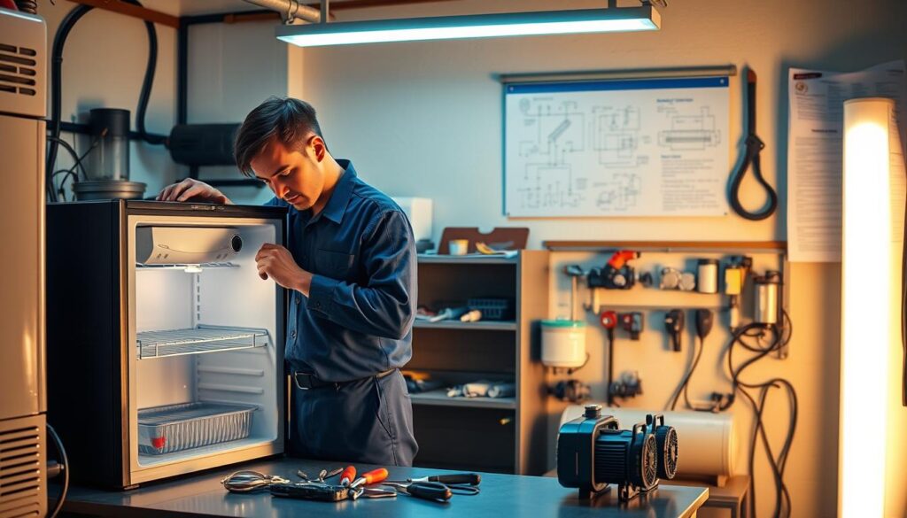A well-equipped refrigeration technician's workshop, bathed in warm, indirect lighting. In the foreground, a technician in a crisp, blue uniform carefully examines the inner workings of a compact refrigerator, tools neatly laid out on a workbench. The middle ground showcases various refrigeration components, from compressors to coolant tubing, demonstrating the technical expertise required. In the background, a wall-mounted display highlights schematics and diagrams, reinforcing the rigorous training and specialized knowledge needed to become a qualified refrigeration technician. An atmosphere of precision, professionalism, and the pride of mastering a complex, in-demand skill.