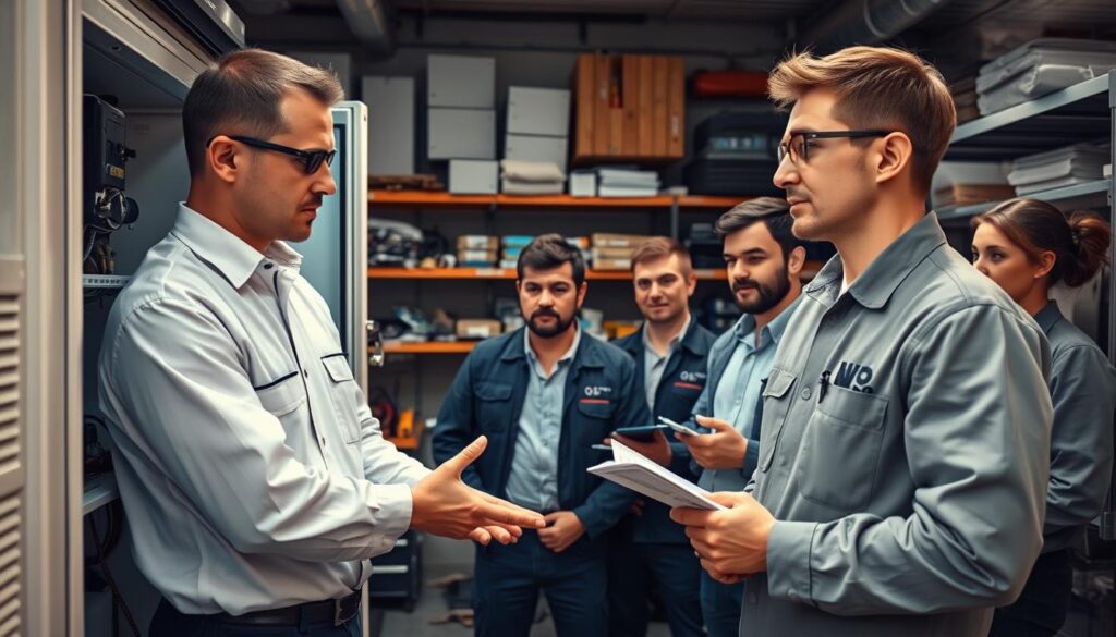 A well-lit, high-definition interior scene depicting a technical training session for refrigeration technicians. In the foreground, a technician in a crisp uniform examines the inner workings of a modern refrigeration unit, gesturing towards key components. In the middle ground, a group of apprentices intently observe, taking notes. The background features shelves of tools, spare parts, and technical manuals, conveying an atmosphere of focused professionalism and expertise. Subtle, warm lighting highlights the technicians' faces, creating a sense of diligence and problem-solving. The overall composition suggests a practical, hands-on approach to honing the skills needed to succeed as a refrigeration technician.
