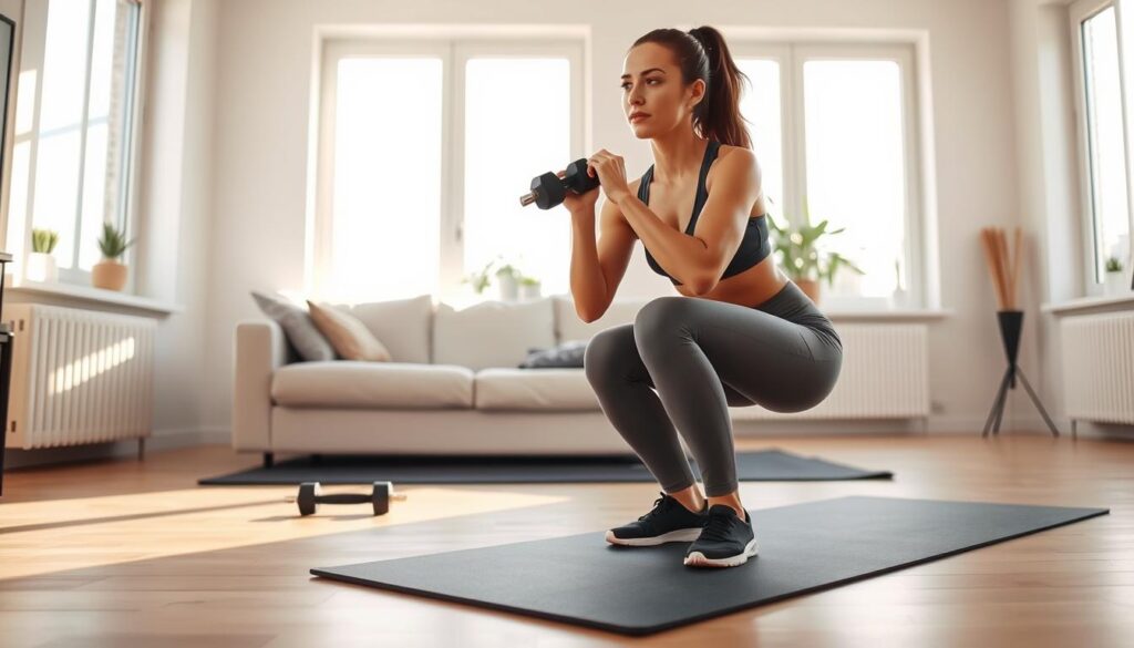 Functional training at home: A sunny, well-lit living room with minimalist decor. In the foreground, a young woman performs a squat with perfect form, her strong legs propelling her upwards. In the middle ground, a Hub exercise mat and a set of dumbbells lie nearby, ready for use. The background features large windows, letting in natural light and creating a warm, inviting atmosphere. The woman's expression is focused and determined, embodying the essence of an effective home workout.