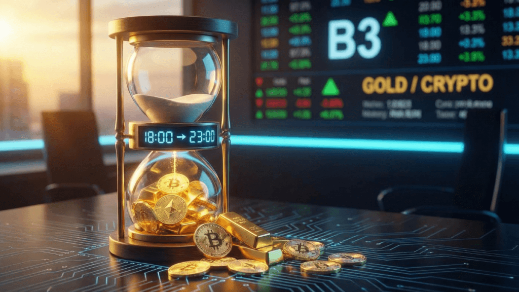 Ampulheta com criptomoedas e gráficos