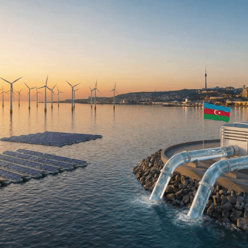 Aliyev inaugura parque eólico com a ACWA Power e anuncia primeira usina de dessalinização do Azerbaijão. Meta é 8 GW de energia limpa até 2032.