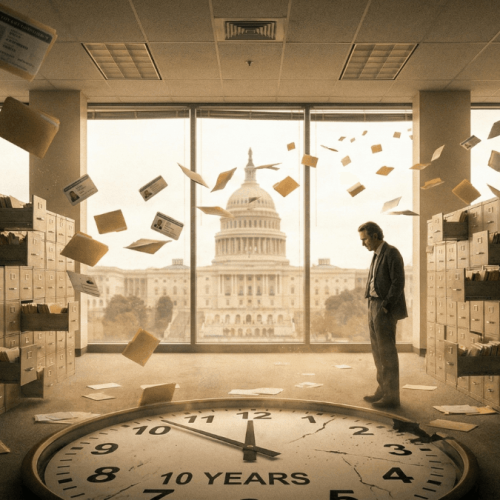 Homem em escritório com documentos voando.